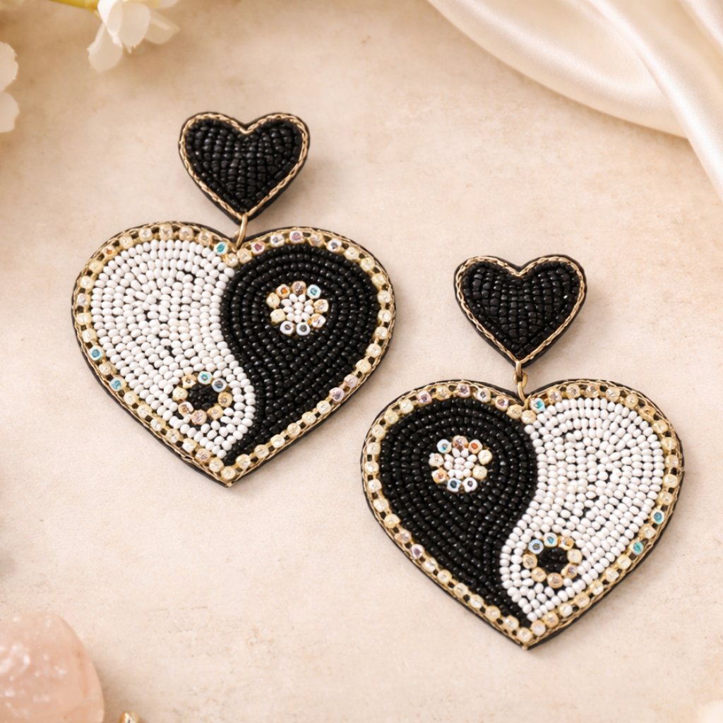Handmade Seed Bead Yin Yang Heart Earrings Black White Beaded Statement 15$